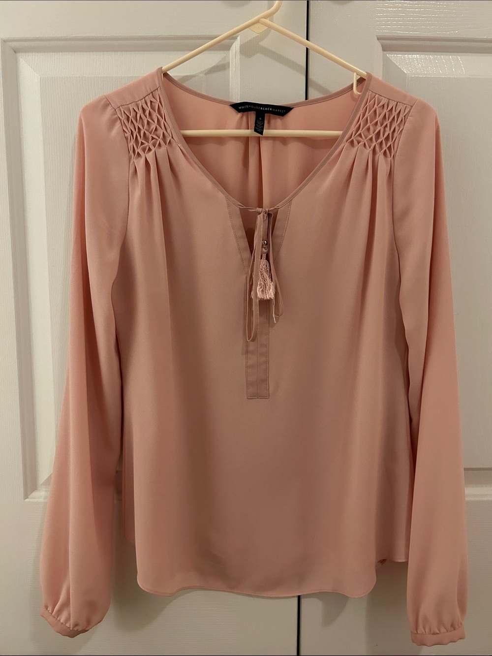 White House, black market Women's Blush Pink Long-Sleeve V-Neck Tassel Blouse